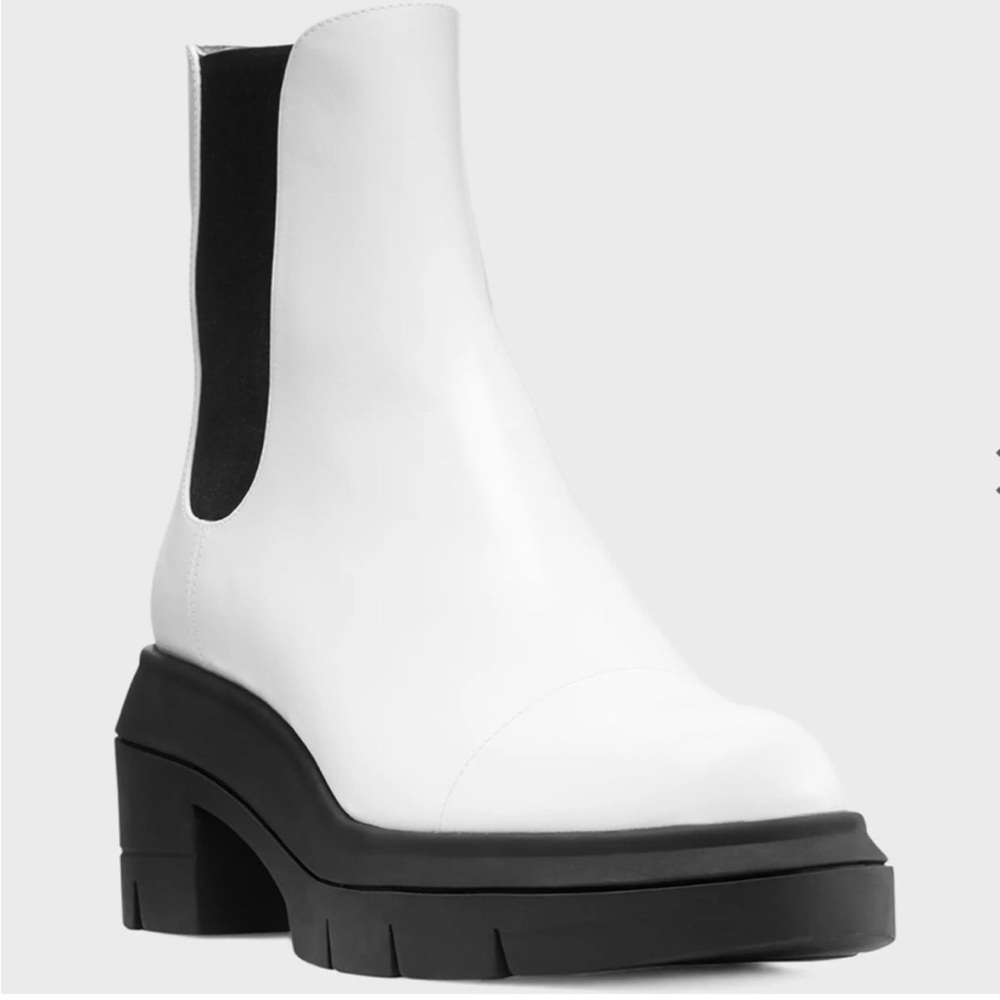 NWT Stuart Weitzman Norah Leather Lug-Sole Chelsea Booties smooth white …